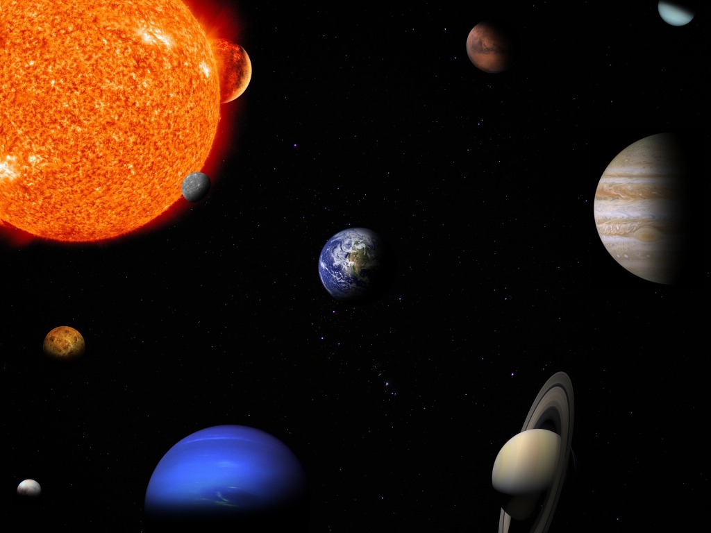 Graphic of solar system, all planets and sun bunched together [larger scale than before]