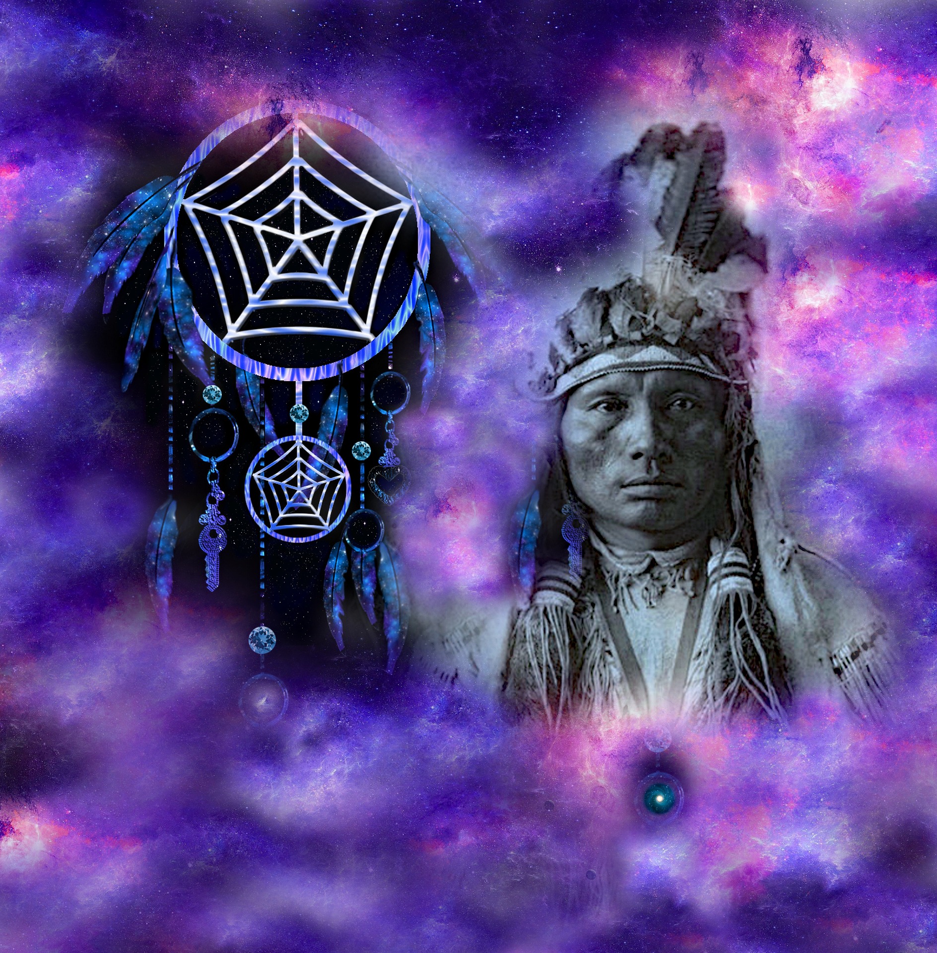 To the right, a portrait of a Native American with feathered head-dress. To the left, a dreamcatcher with a pentagram spiderweb design. The background is a starry space in various shades of violet. The feeling is mystical.