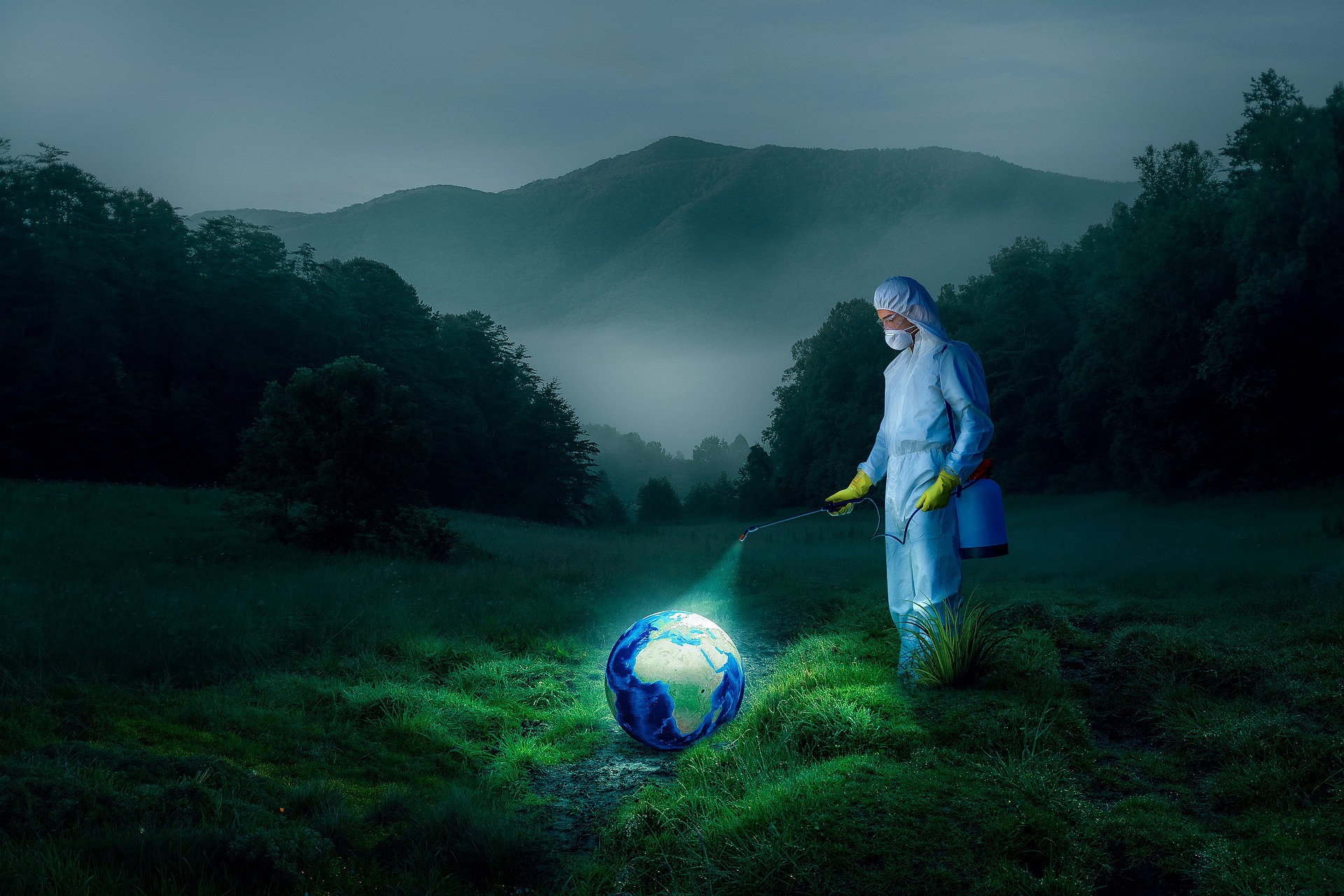 A human in a light-blue hazmat suit is in a dark valley. Also there, at the human's feet, is the planet Earth, lit up. The human sprays the planet Earth with a backpack pressure sprayer.