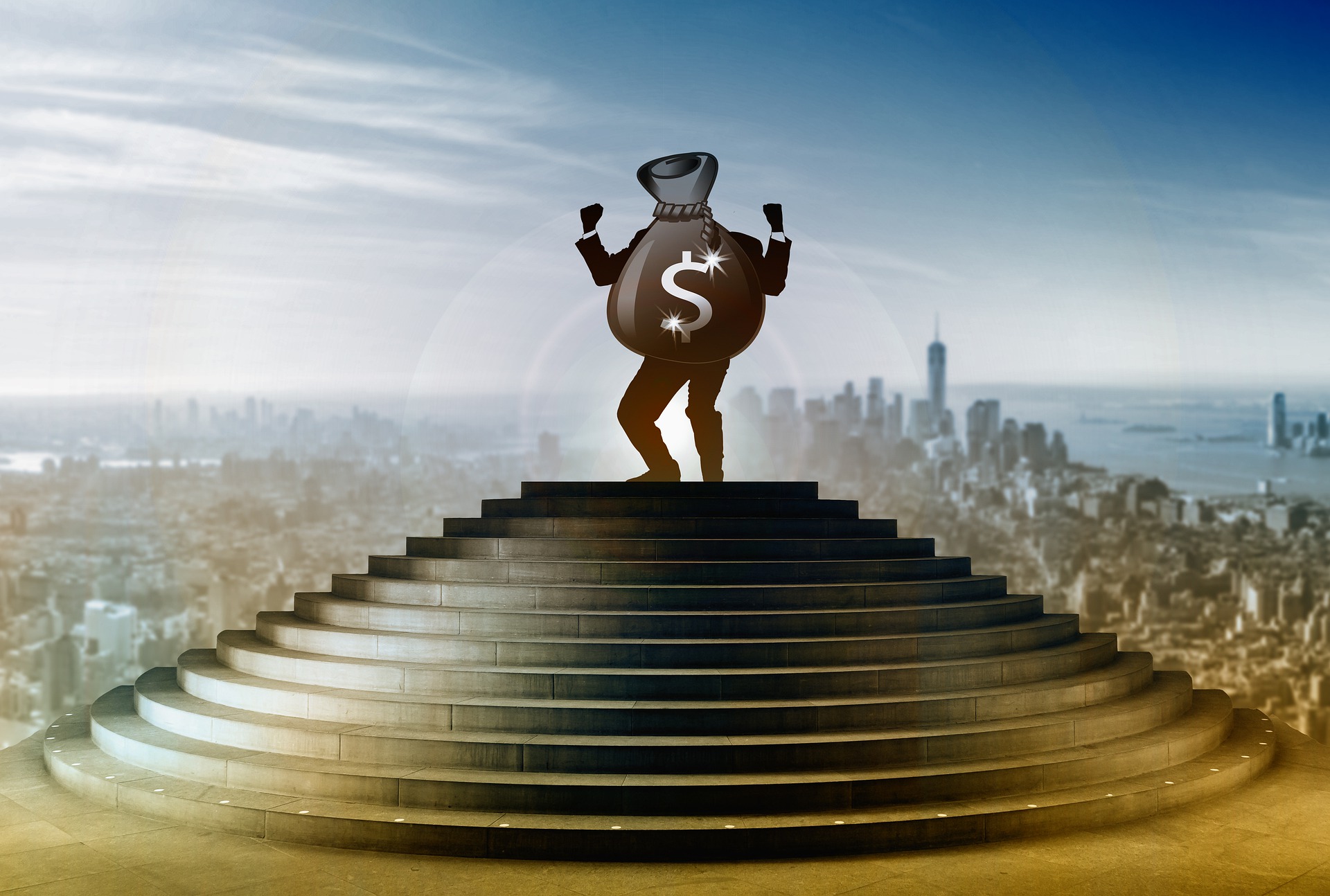 A graphic image of a fat, faceless businessman, with a dollar sign on his suit; he is atop giant stairs that act as a kind of platform from which he surveys a vast city, whilst he flexes his biceps
