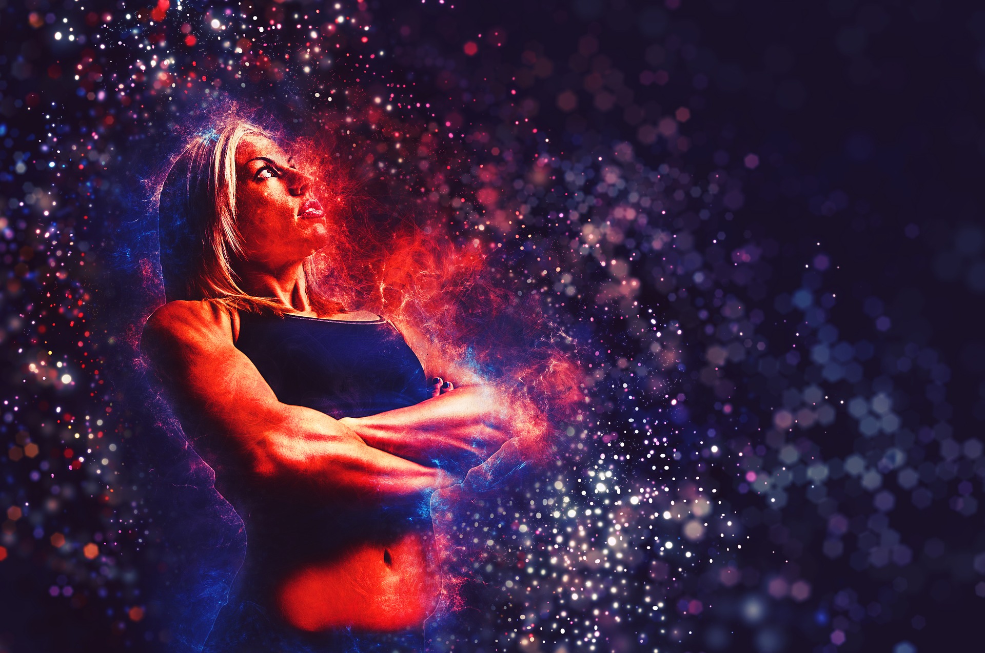 An image of a fit woman's body appearing to merge with the stellar background