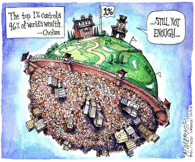Cartoon of planet Earth, the lower half of the urban masses, packed tightly together, walled off from the green golf course and mansion of the upper half. Atop the globe a 1% banker - old with hands on hips and in a top hat - stands saying "Still not enough".