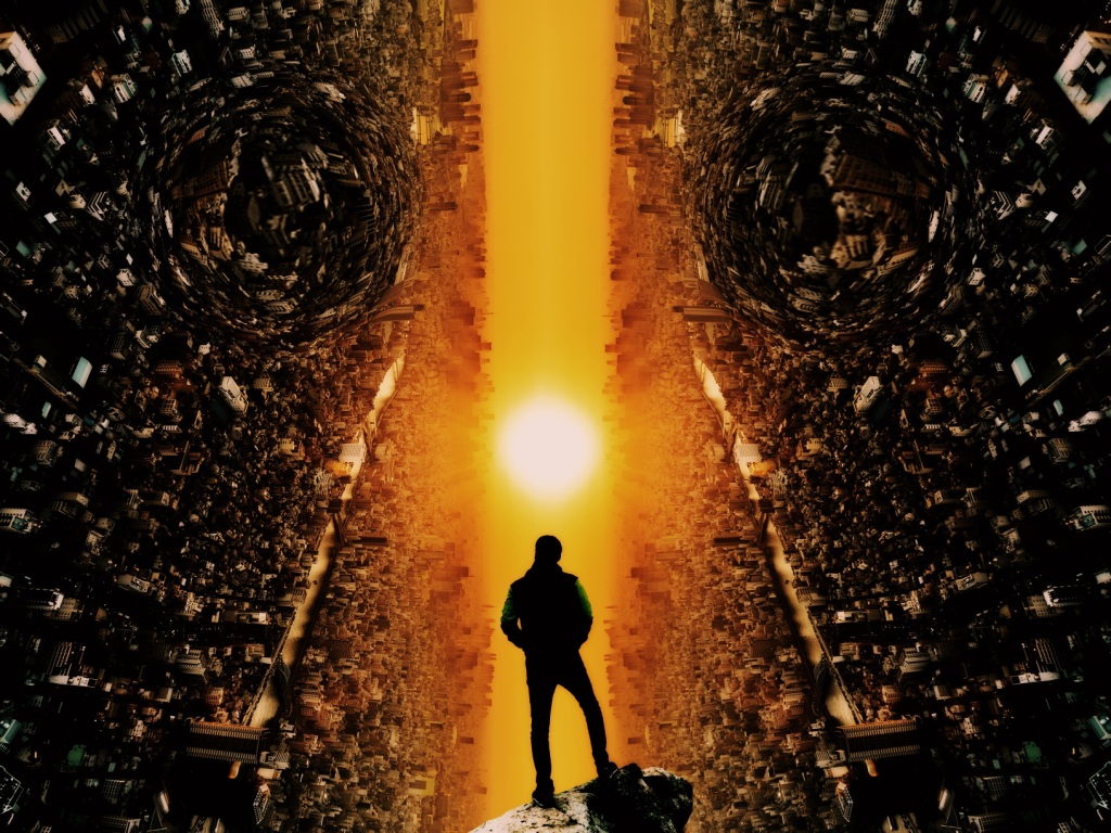Mew way of living? (Man gazes at sun from within parted cities)