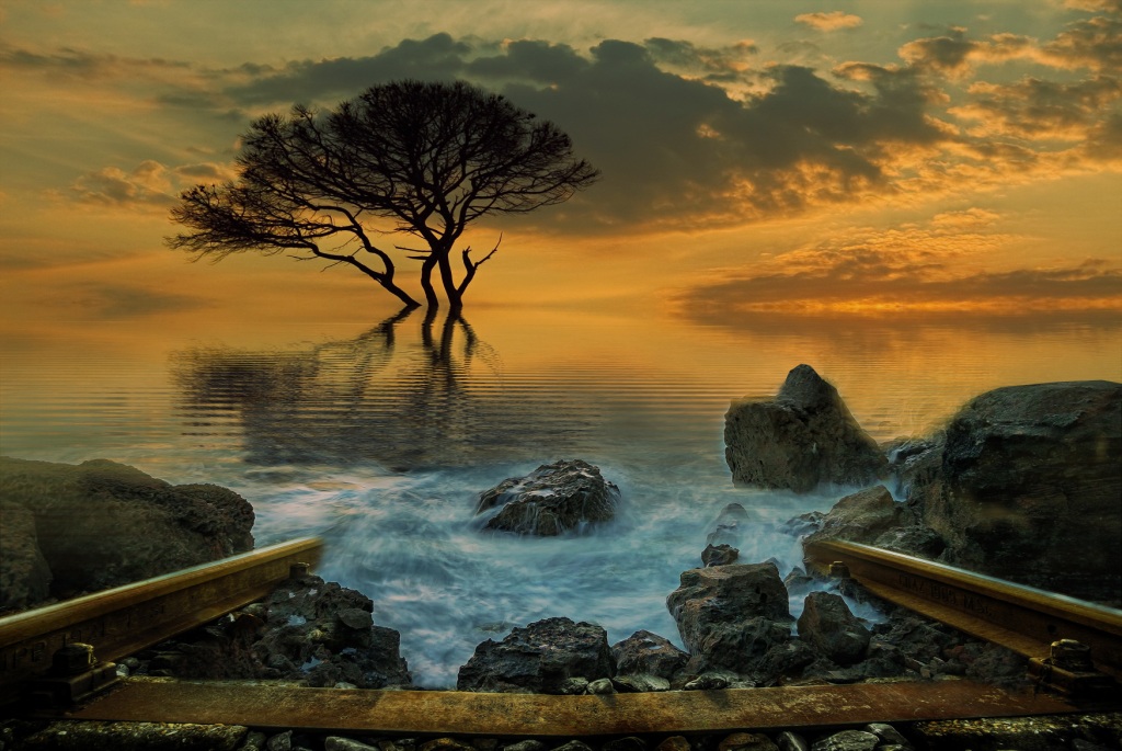 Fantasy of rail tracks entering beautiful sunset sea with tree in the sea
