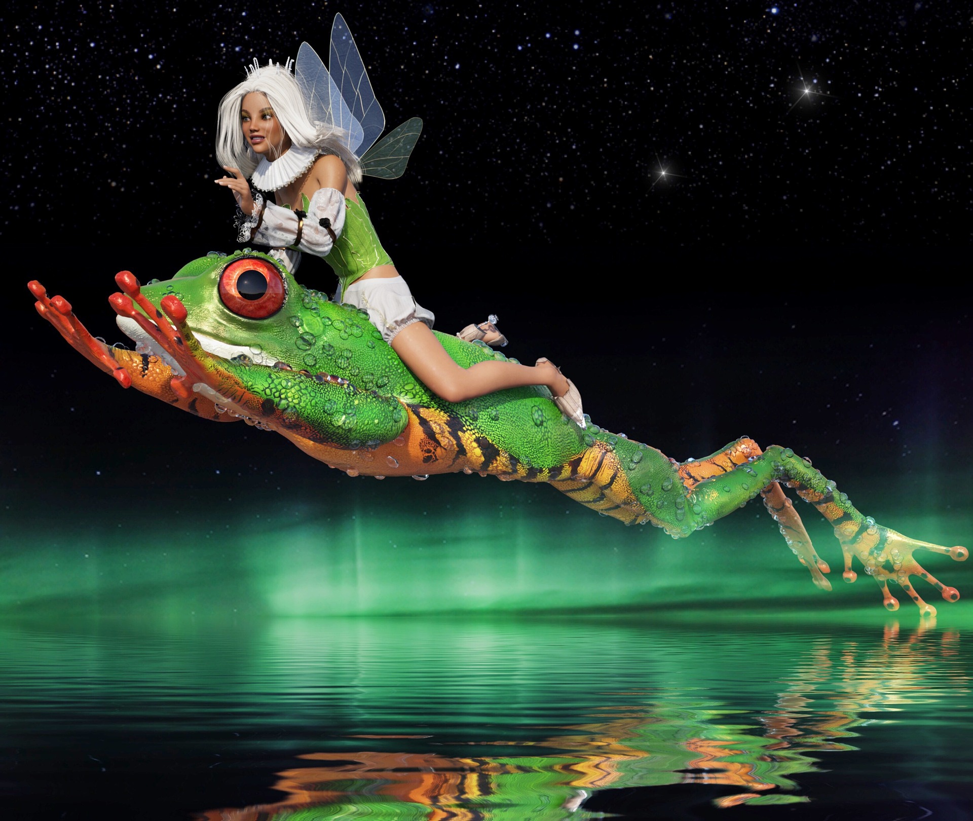 A fantasy image of a superheroine riding a giant frog or toad