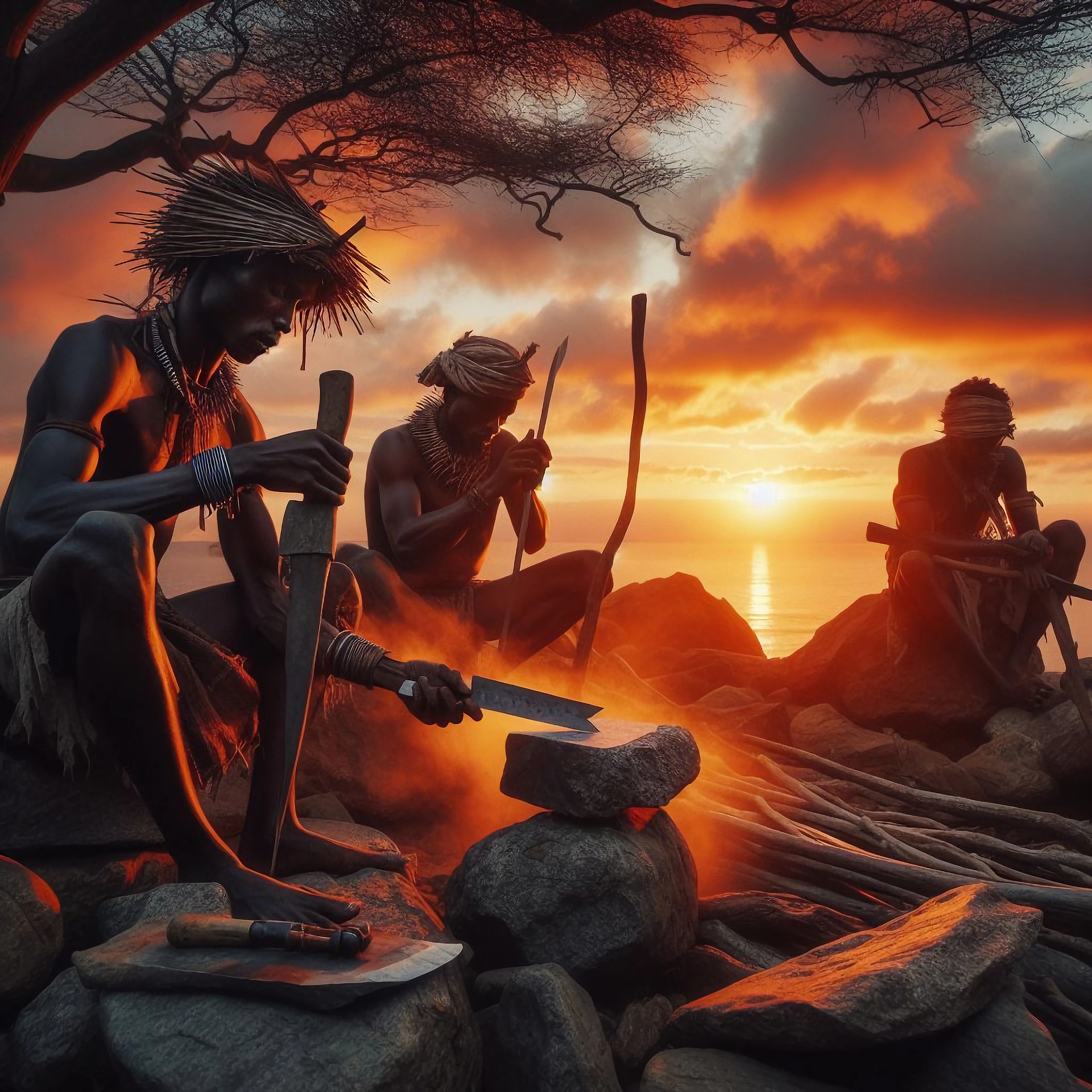 An illustration of a tribe seated and busy at work, around a fire. A rising or setting sun is splendidly shining behind them, on the horizon, across some body of water.