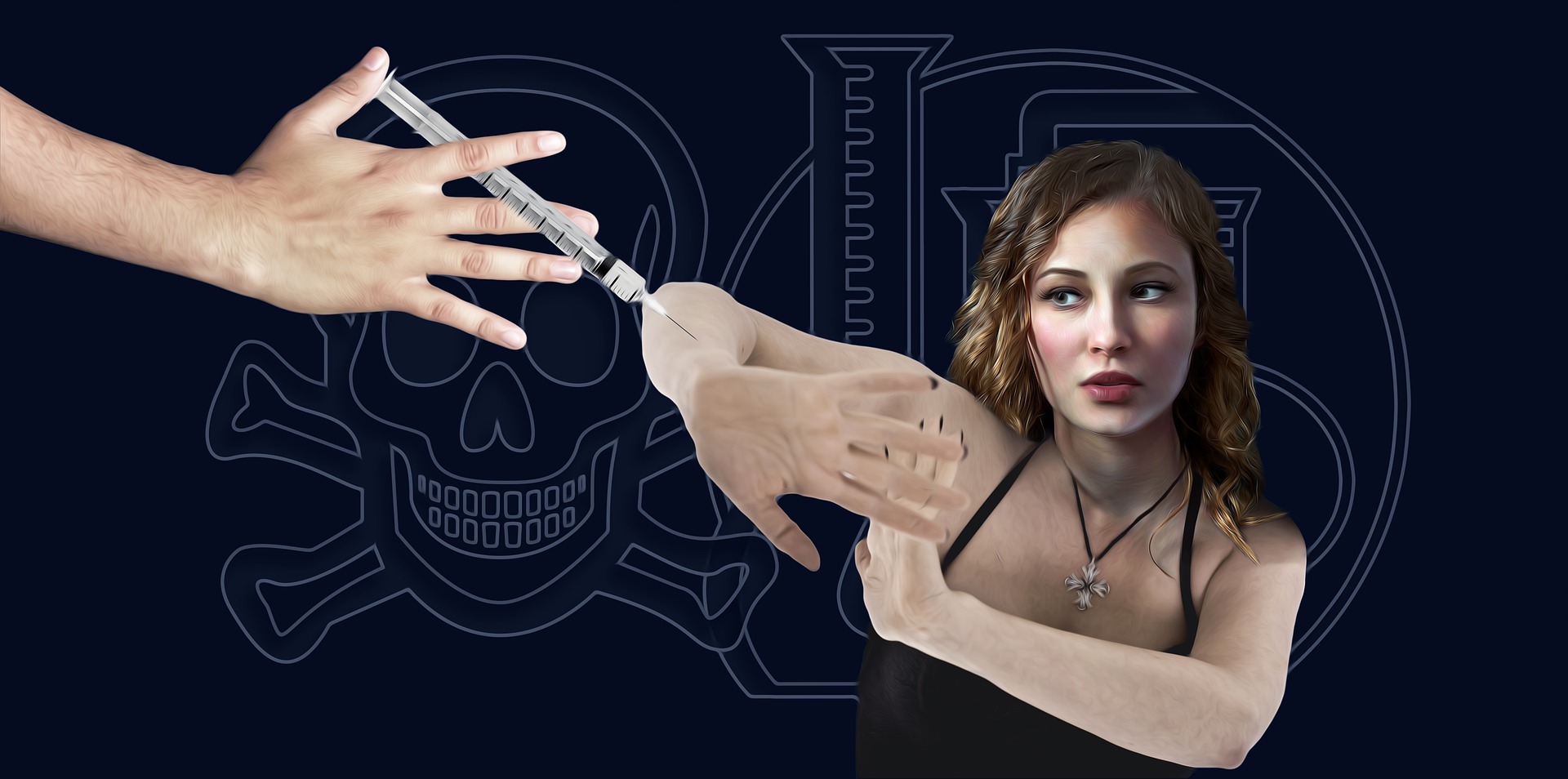 Young woman shown rejecting a vaccination that is being held forth for her; a skull and crossbones and medical equipment is the background