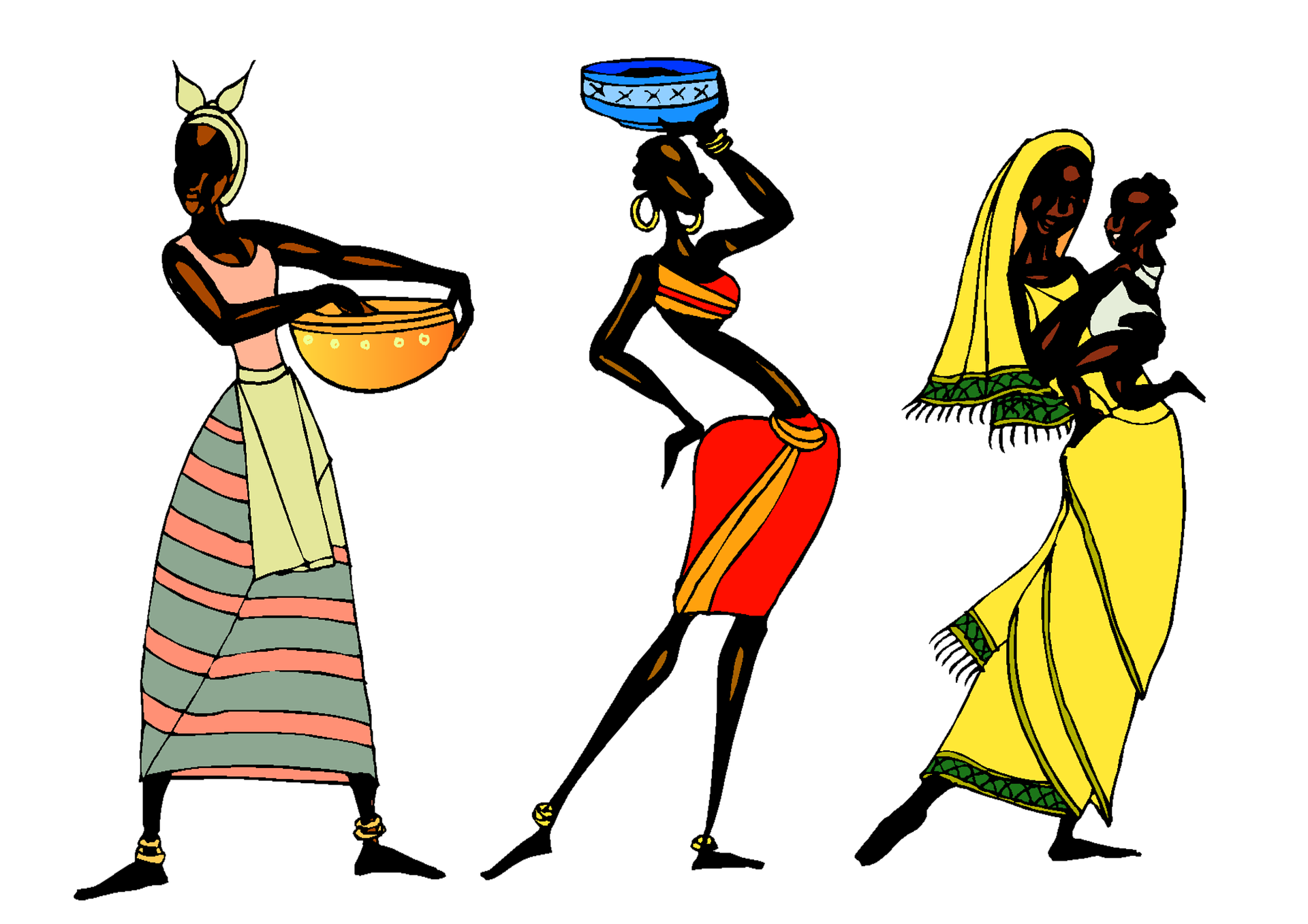 A snapshot of village life. Three African women are going about their life. They all wear colourful clothes. One carries a baby. Another carries a bowl on her head. Another carries a bowl at her hip.