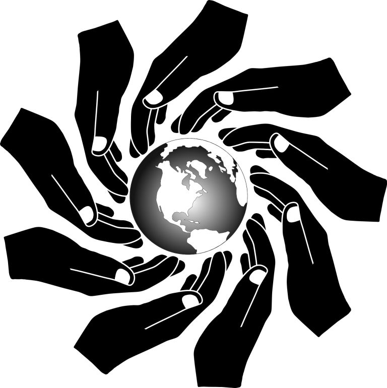 B&W Graphic of hands of volunteers surrounding the Earth; the hands appear to be moving, spinning