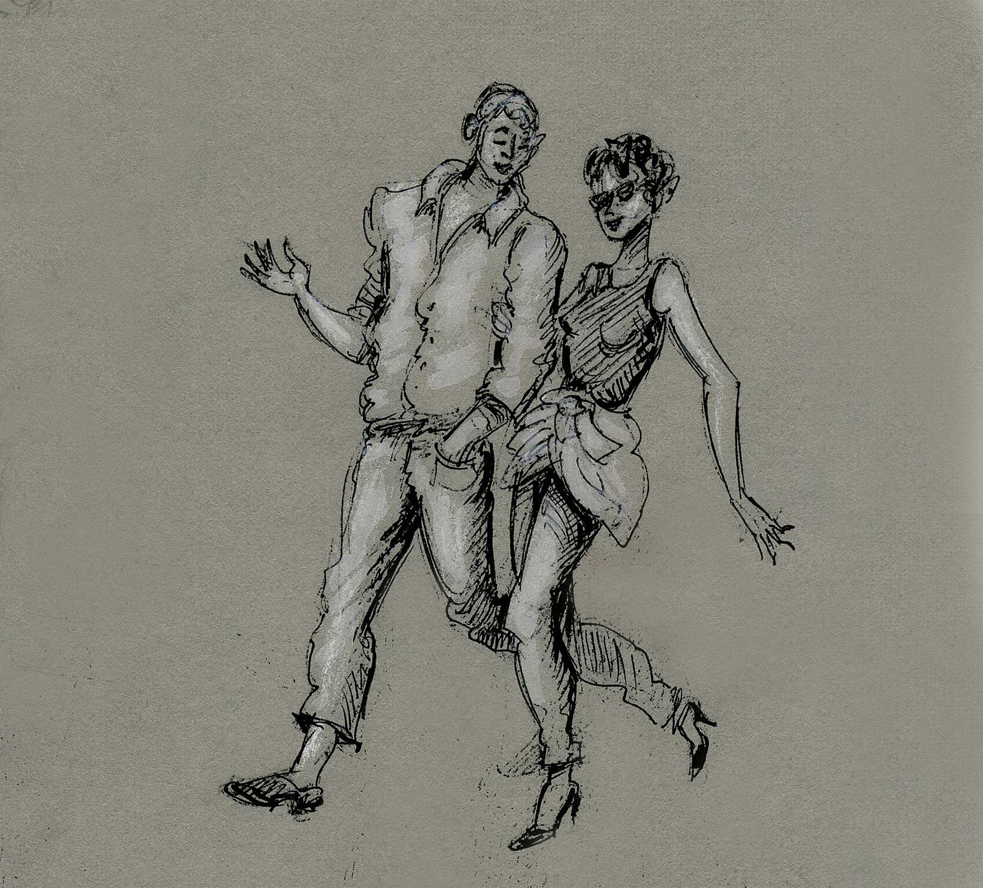 An ink type drawing of a young couple on a walk, talking, gesticulating. The ink is black on a beige background.