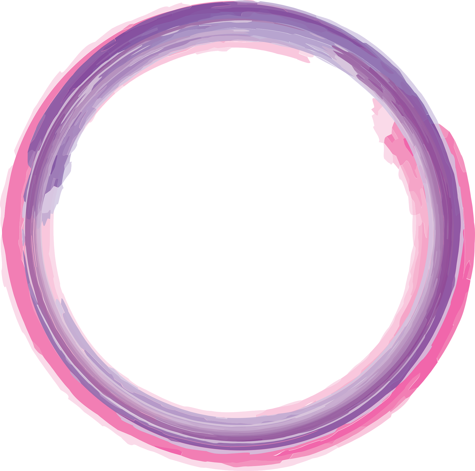 A circlular watercolour. The colours used are various pinks and purples.