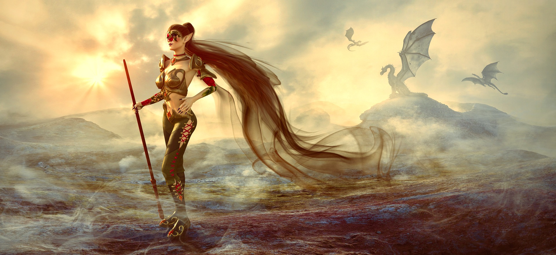 Across the flat top of some mountains, a young Elven woman walks. She looks mystical and also powerful, with fantasy type clothes and a wand. Her very long red hair is flowing behind her. A little distance behind her are three winged dragons. She is the Mistress of Winged Dragons.