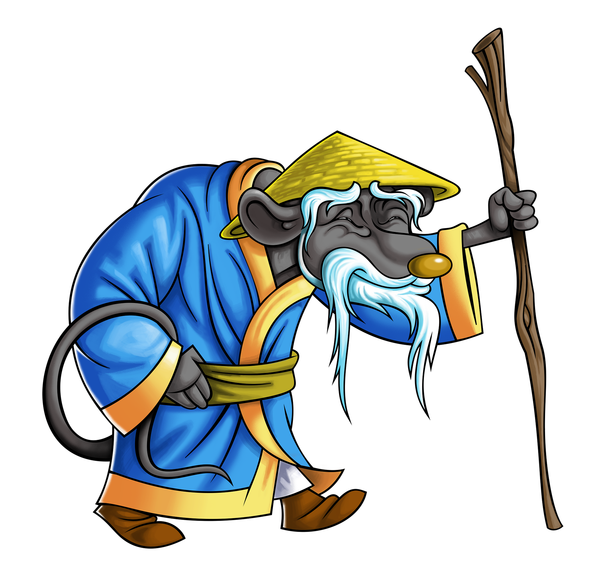 A graphic of a wise old mouse, hunched over, happily walking with a stick, wearing a light blue and gold robe and a conical hat. Tail is ticked into the robe's thick soft belt.
