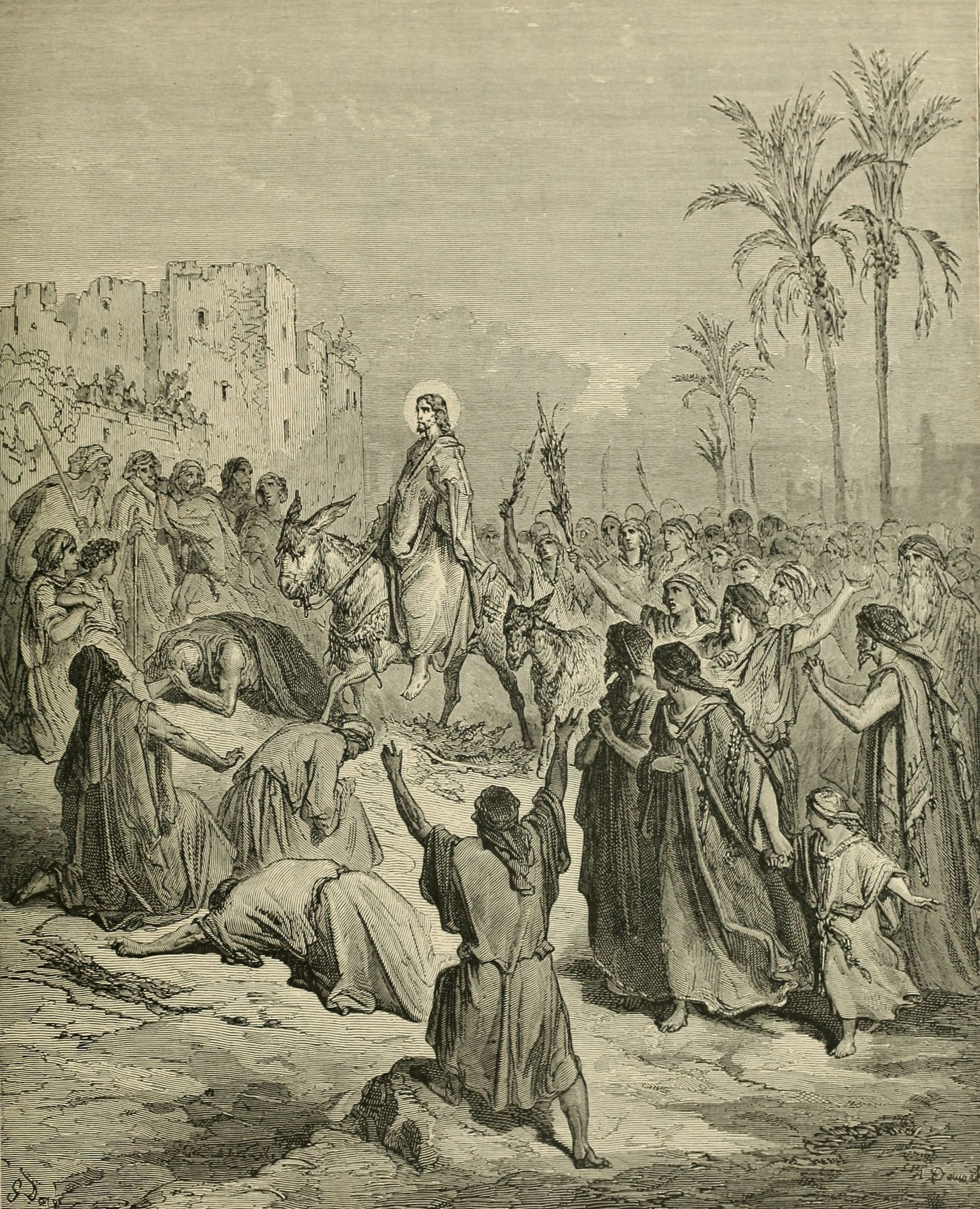 Wood engraving of Jesus entering Jerusalem on a donkey by Gustave Doré. There is a halo around his head.