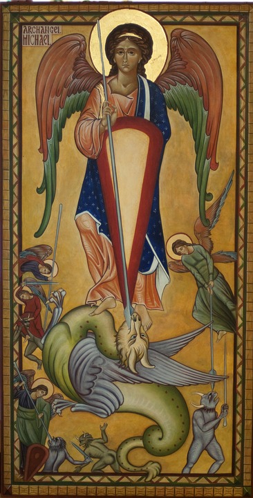 Archangel Michael slaying the dragon of evil