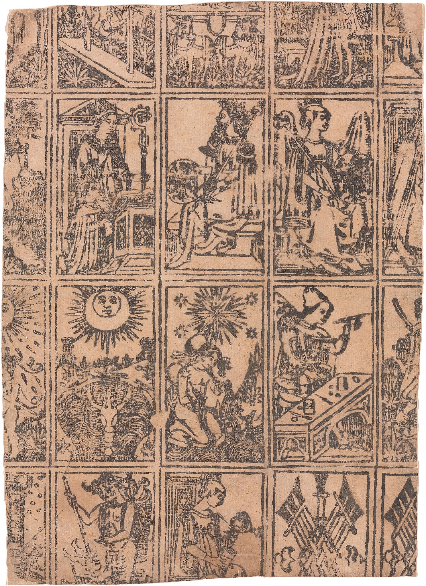 An uncut sheet of 20 playing cards from circa 1500 showing 18 of the 22 major arcana