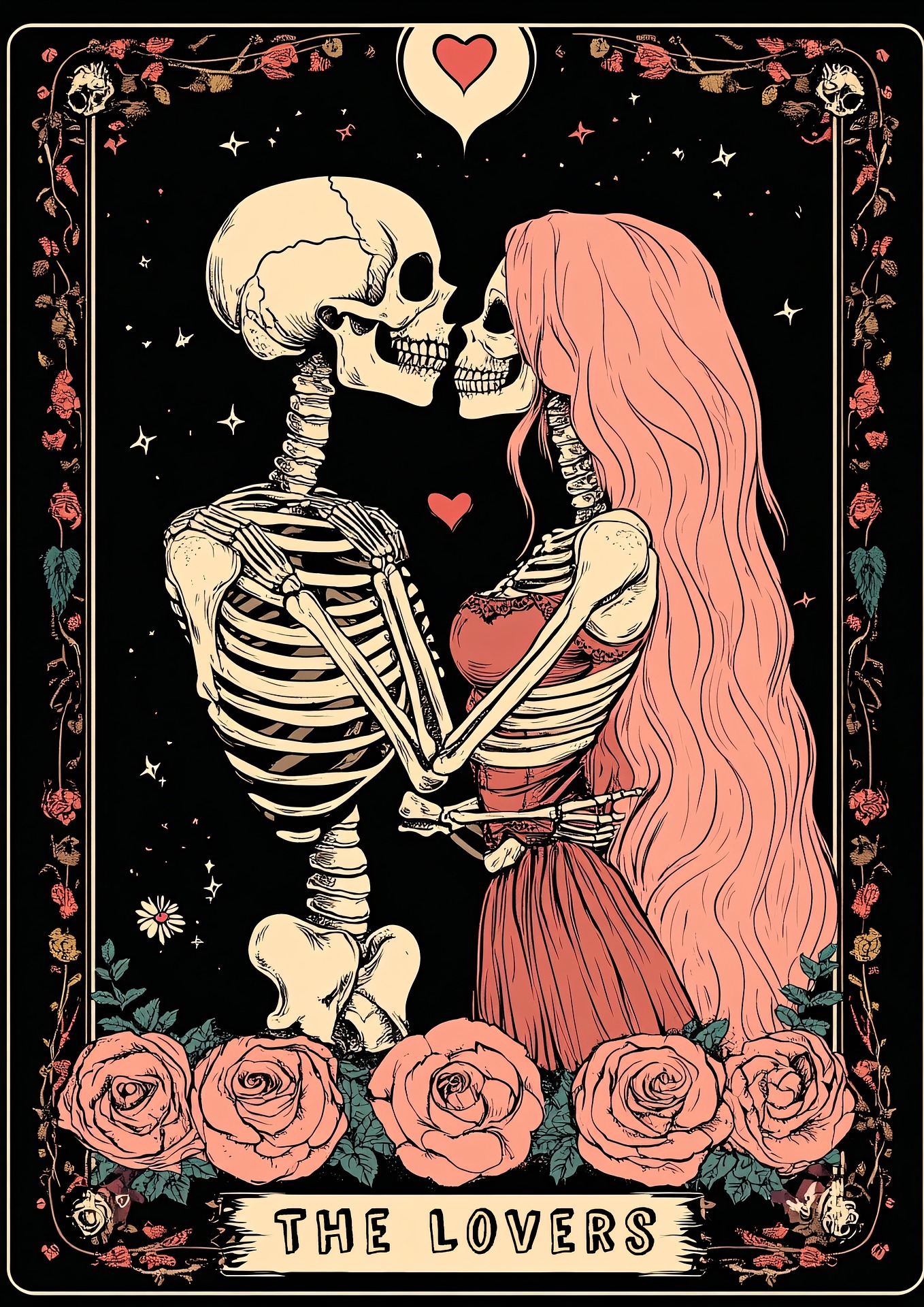 The Lovers major arcana with them as skeletons. She has pink long hair and a pink dress.