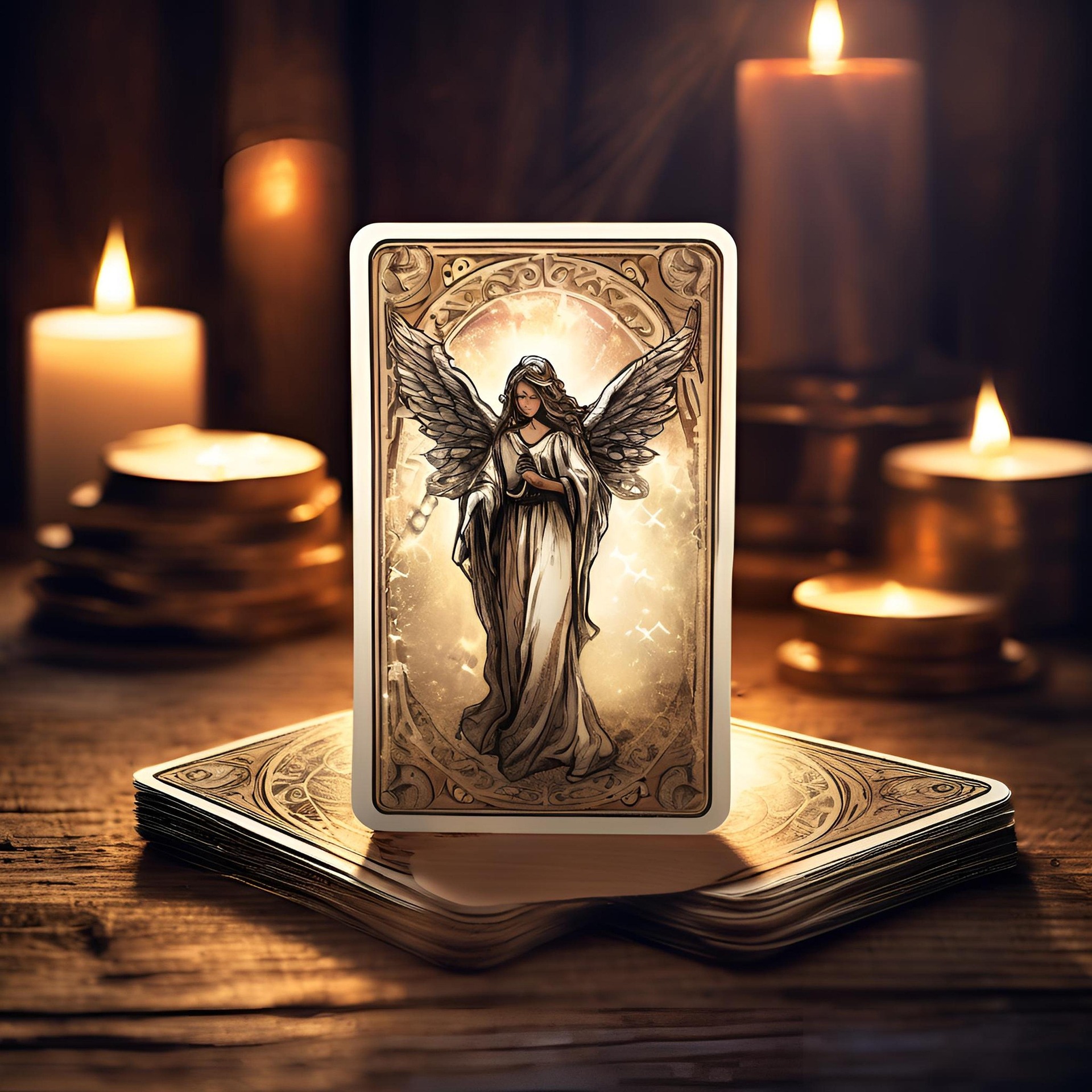 An AI-generated image of a Tarot type card. It shows a beautiful angel. This may be the design for the back of the whole deck. It stands atop other cards. Lit candles are around.