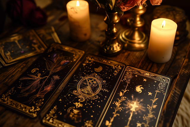 Tarot type cards and white candles