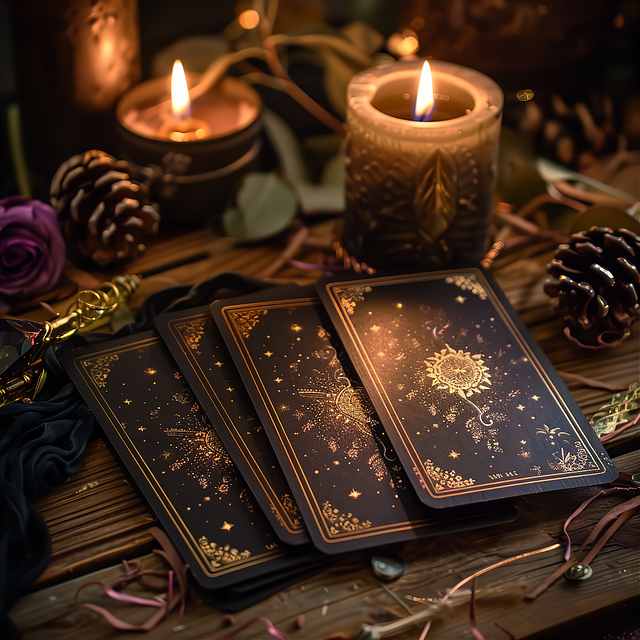 Tarot type cards and dark candles