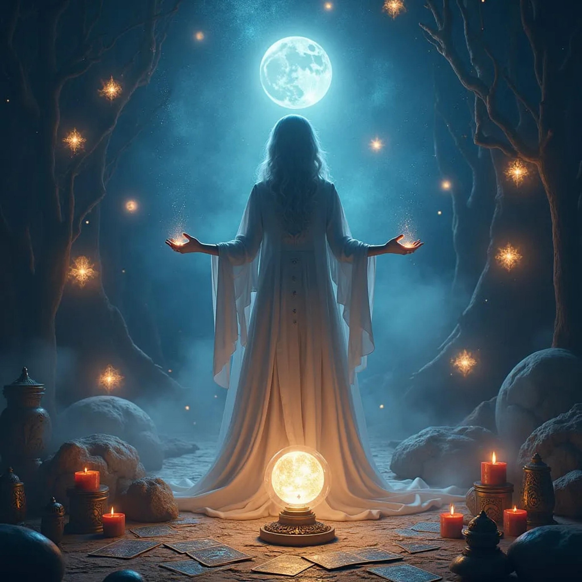 An AI-generated image of a woman facing the full moon and conducting a ritual. Around her are lighst and candles. On the ground are Tarot type cards.
