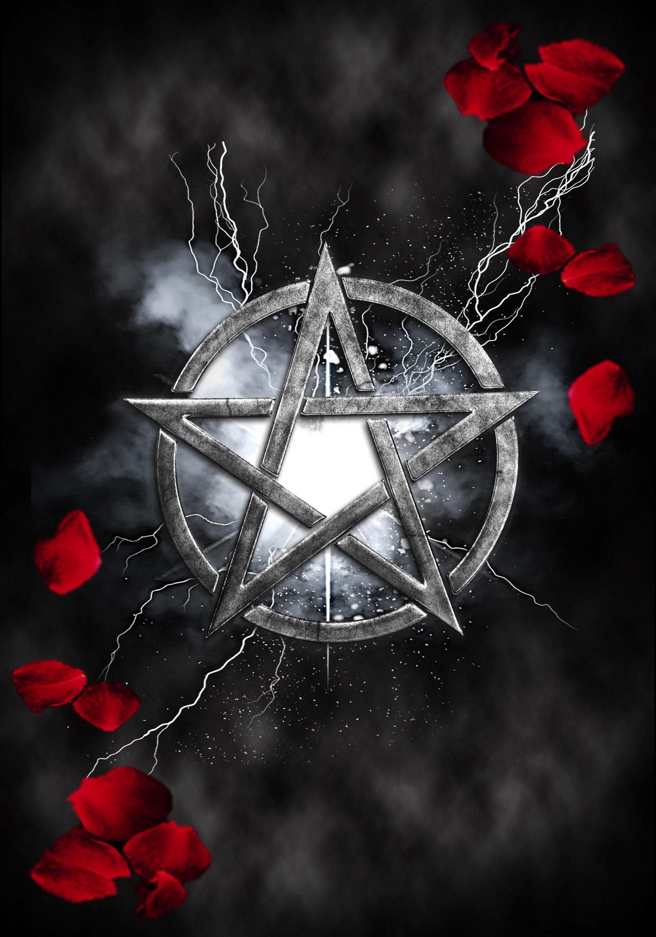 A dynamic looking pentacle/pentagram. Lightning flashes into it and red rose petals are cast off.