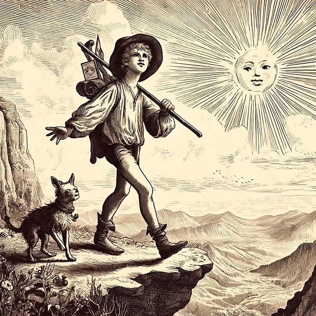 A drawing of a childlike fool and dog about to walk off a cliff. A sun shines brilliantly in the background.