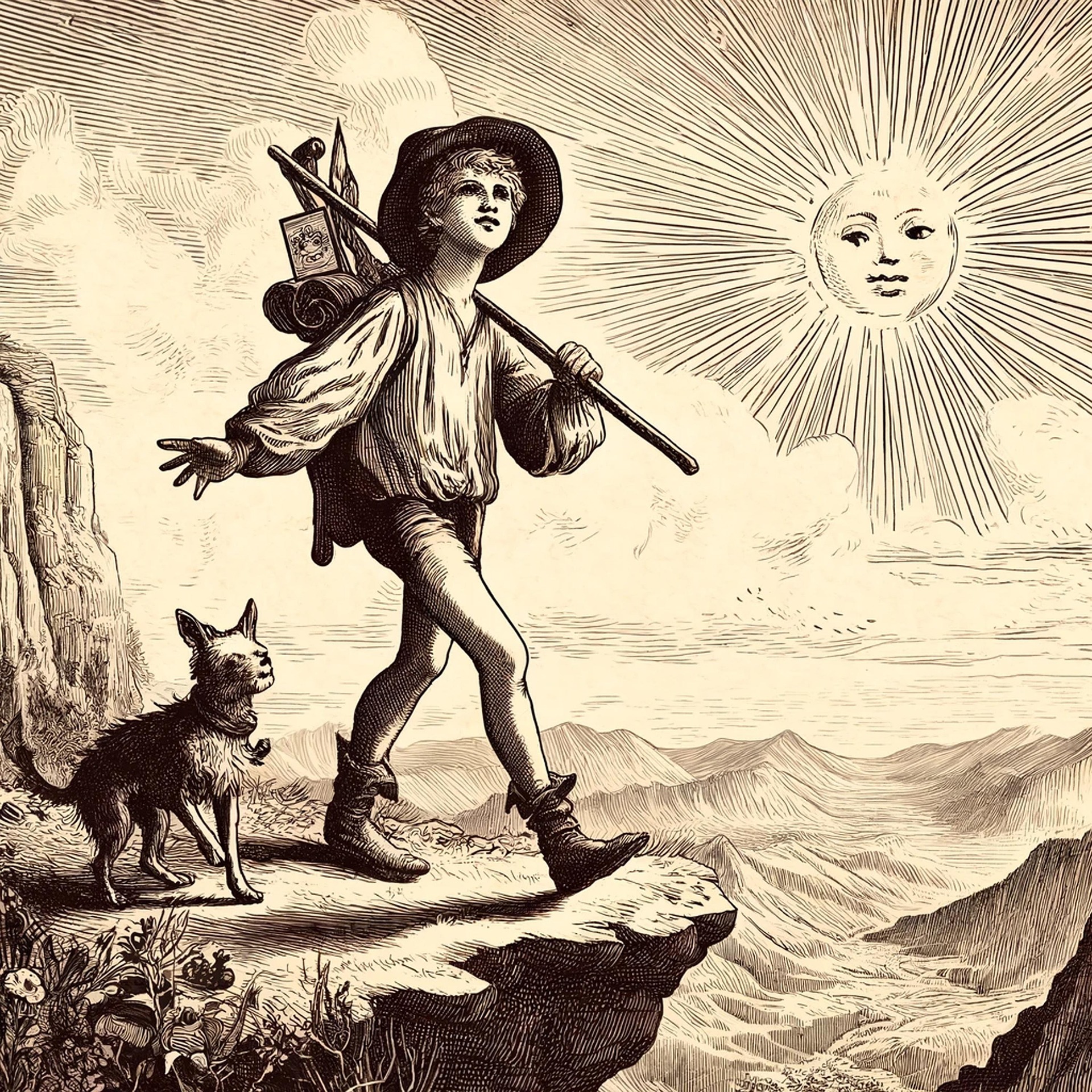 A drawing of a childlike fool and dog about to walk off a cliff. A sun shines brilliantly in the background.