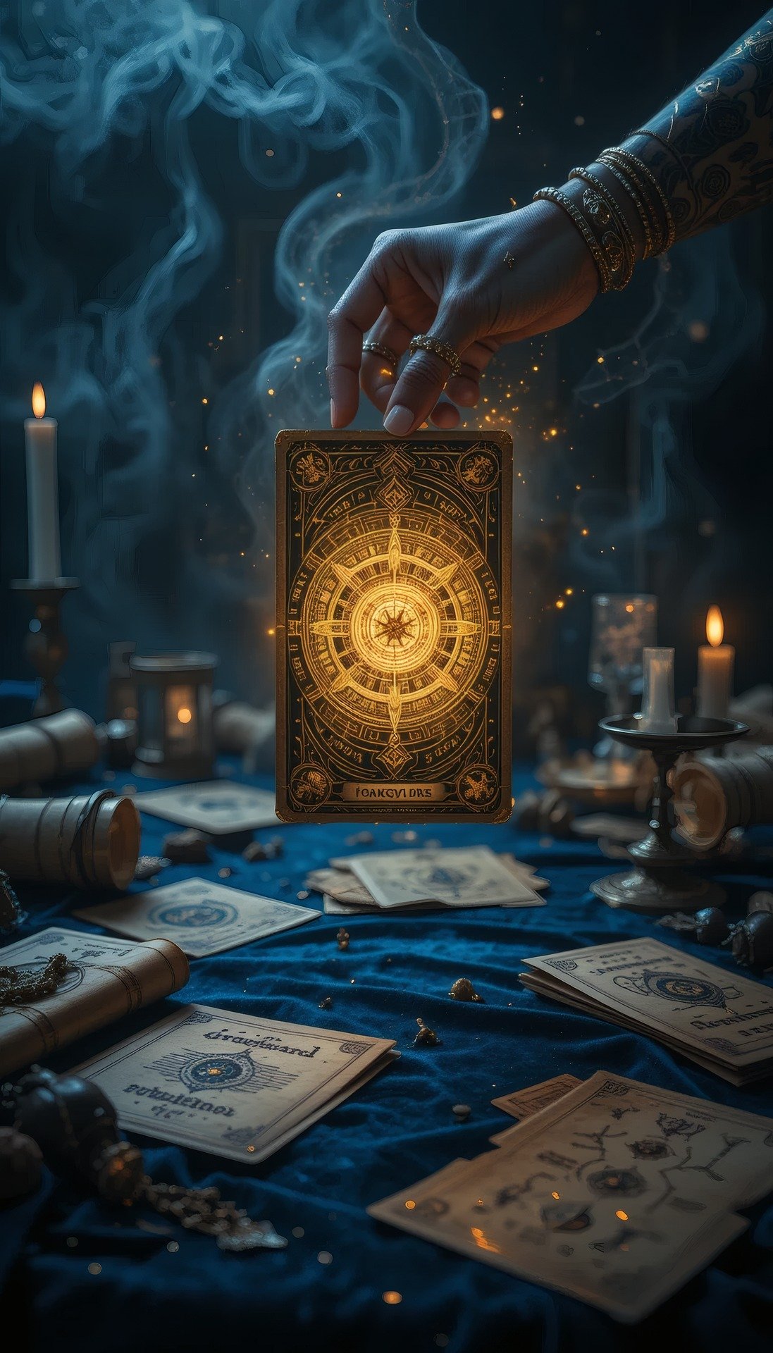 An AI-generated image of a luminous Tarot card held by a human in the air, from its top, against against a mystical background