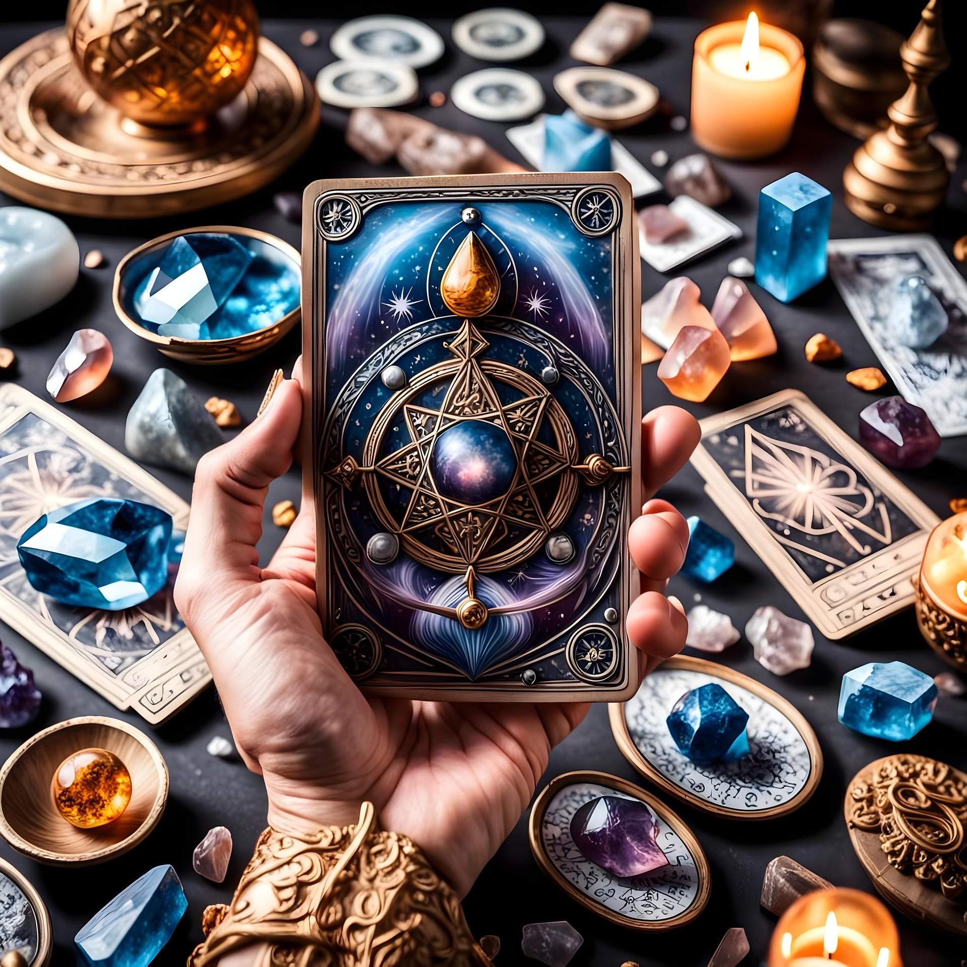 A Tarot card held in the palm of a hand, surrounded by mystical objects including many gems