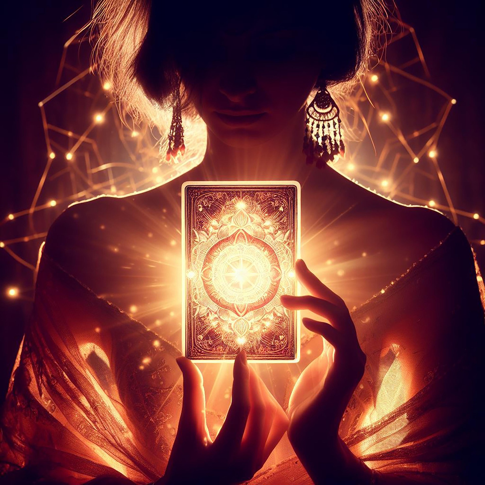 An AI-generated image of a mysterious woman holding in front of her a Tarot card that emanates a mandala of light