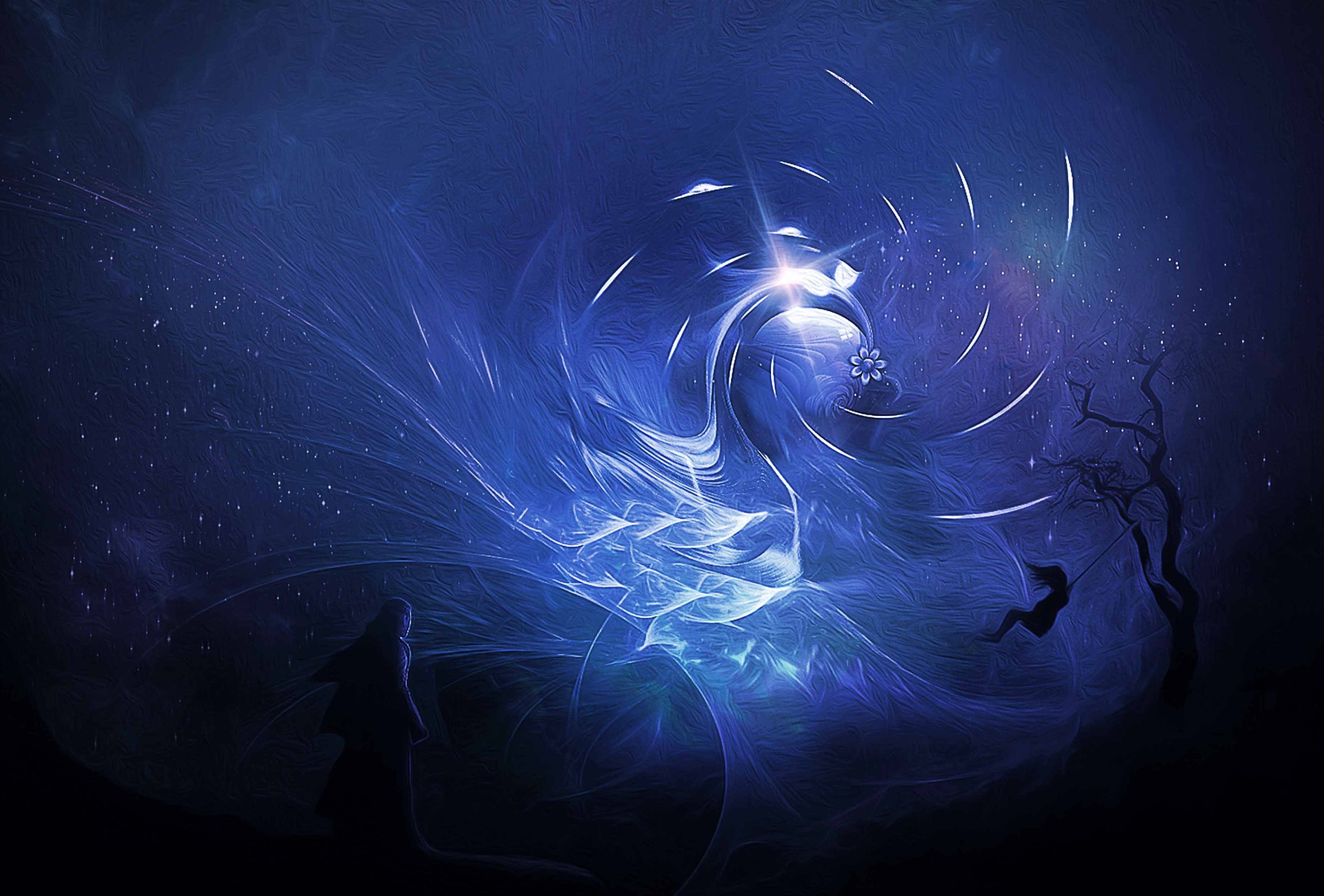 An ethereal spirit roams the Cosmos. The background is a fantasy or night sky in deep brilliant blue. Meanwhile on Earth a man walks along a path at the side of which a child with long hair swings in a swing from a small gnarled tree. Is the spirit about to join this family as a baby?
