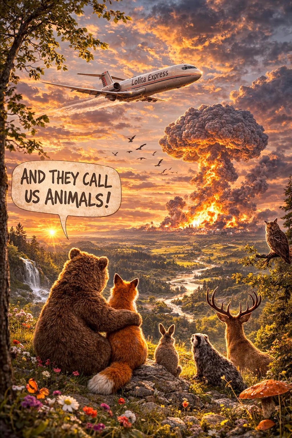 From a beautiful nature scene with waterfall, various animals look at human civilisation. There is a highly polluting plane. There is a city being bombed, a huge fire and cloud of acrid smoke. The animals say, "And they call us animals!"