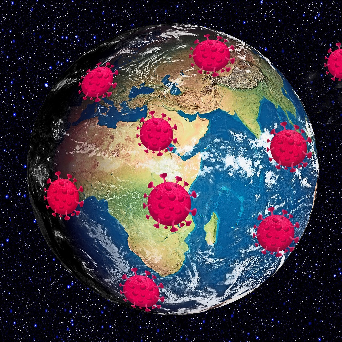 The Earth in space with various red germs surrounding it