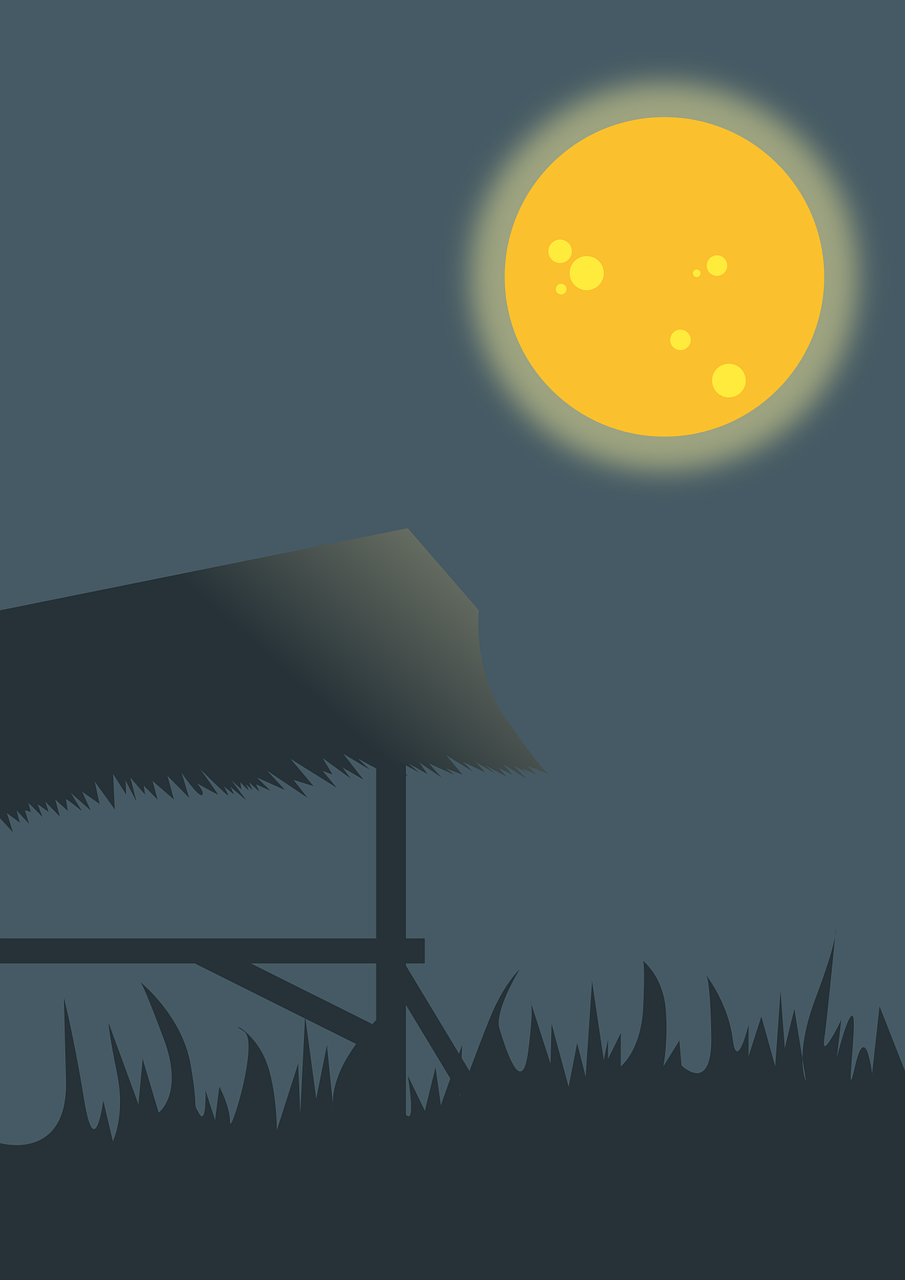 A graphic of a thatched shelter under a sun or full moon. It is dawn, dusk or night.