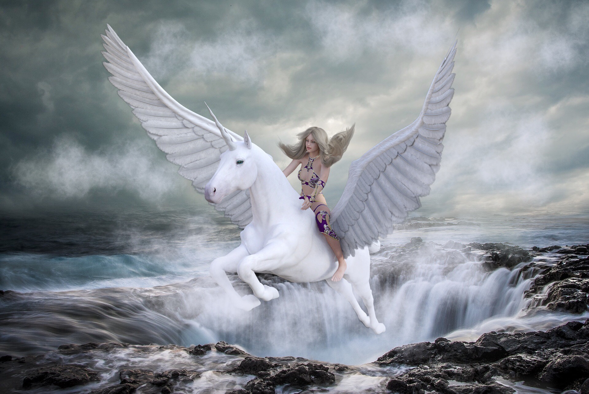 A young woman rides a beautiful white Pegasus above a giant, powerful, circular, deep waterfall