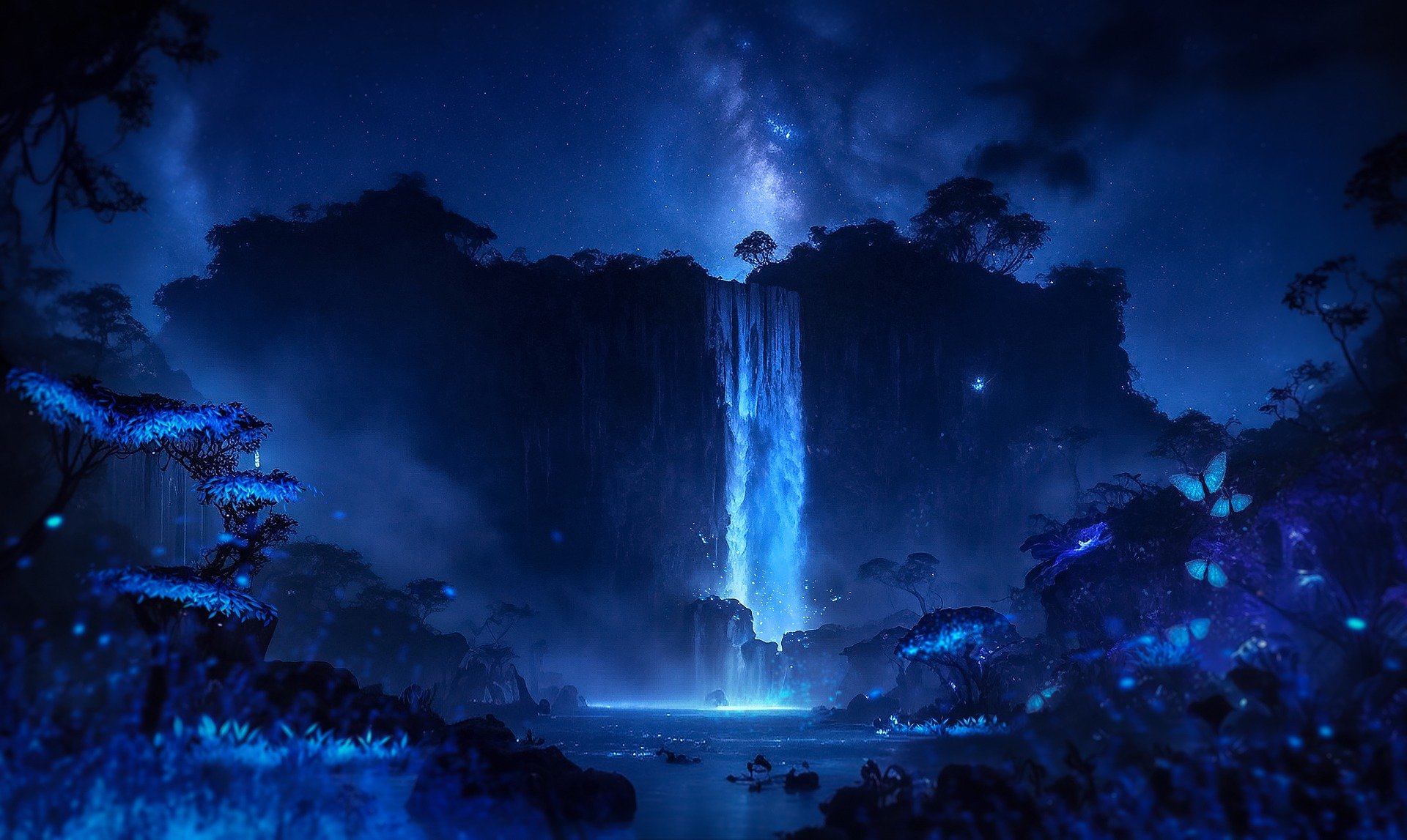 A magical, fantasy waterfall under a starry night. The water flows with light. The overall hue of the image is indigo. Luminous blue butterflies flit around. Some plants are lit up.